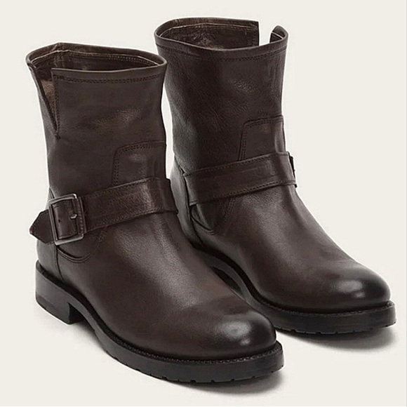 Frye Natalie Engineer Short Boots Brown Leather & Silver Buckle Western Size 6